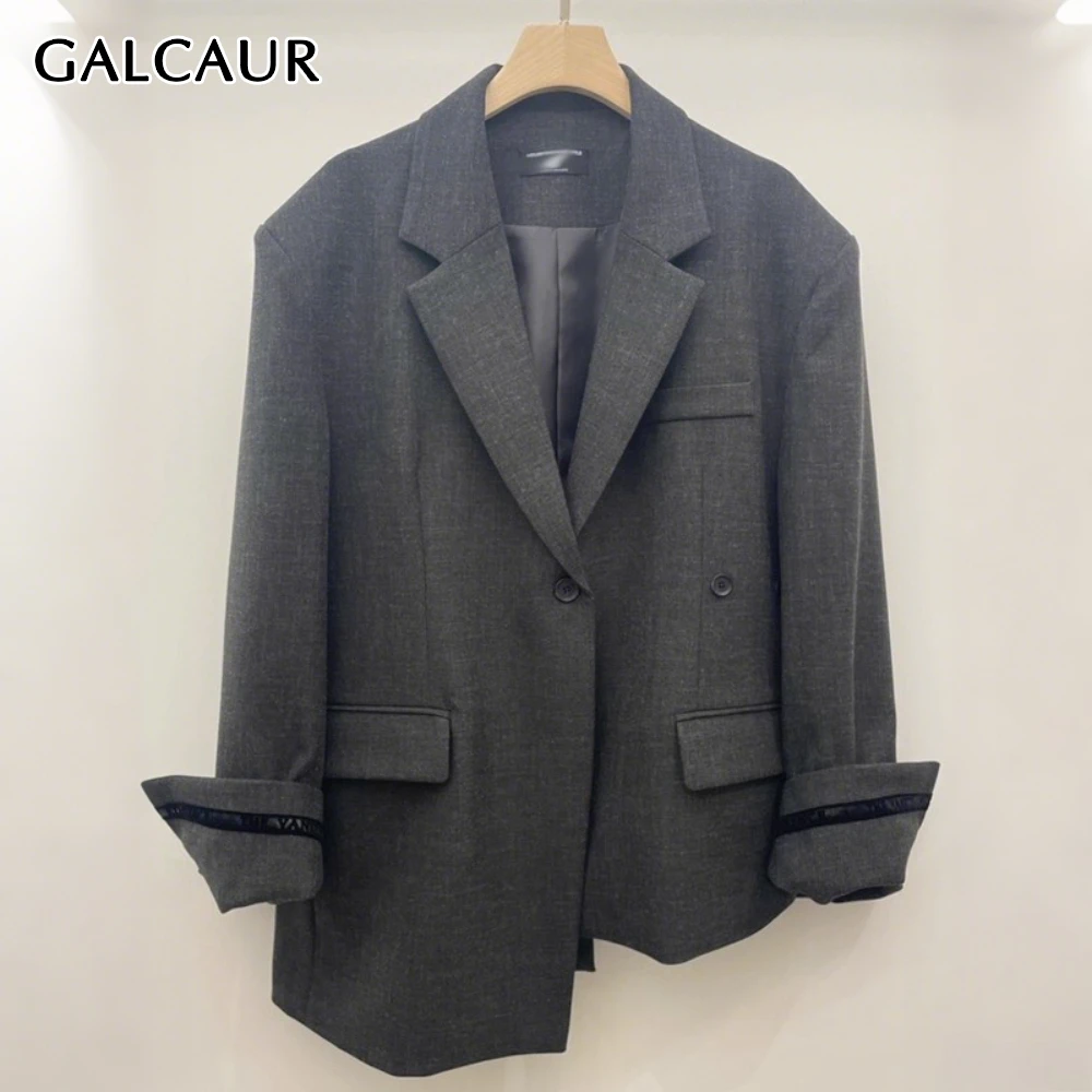 

GALCAUR однотонная шикарная куртка с карманами, женская свободная офисная женская куртка с лацканами и длинными рукавами, осенний стиль, модная новинка