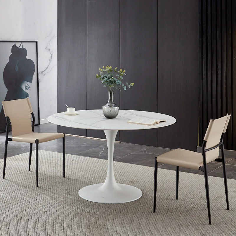 Pure black rock slab round table tulip household round dining table simple white dining room table and chair combination