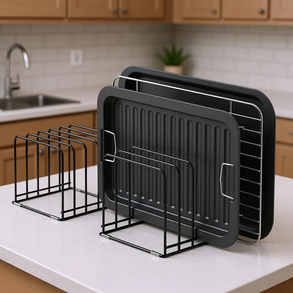 

Органайзер для кухонных шкафов, держатель, разделительный органайзер с 5 отделениями, подставка для сковородок и разделочных досок, держатель для сковородок (2 шт.)