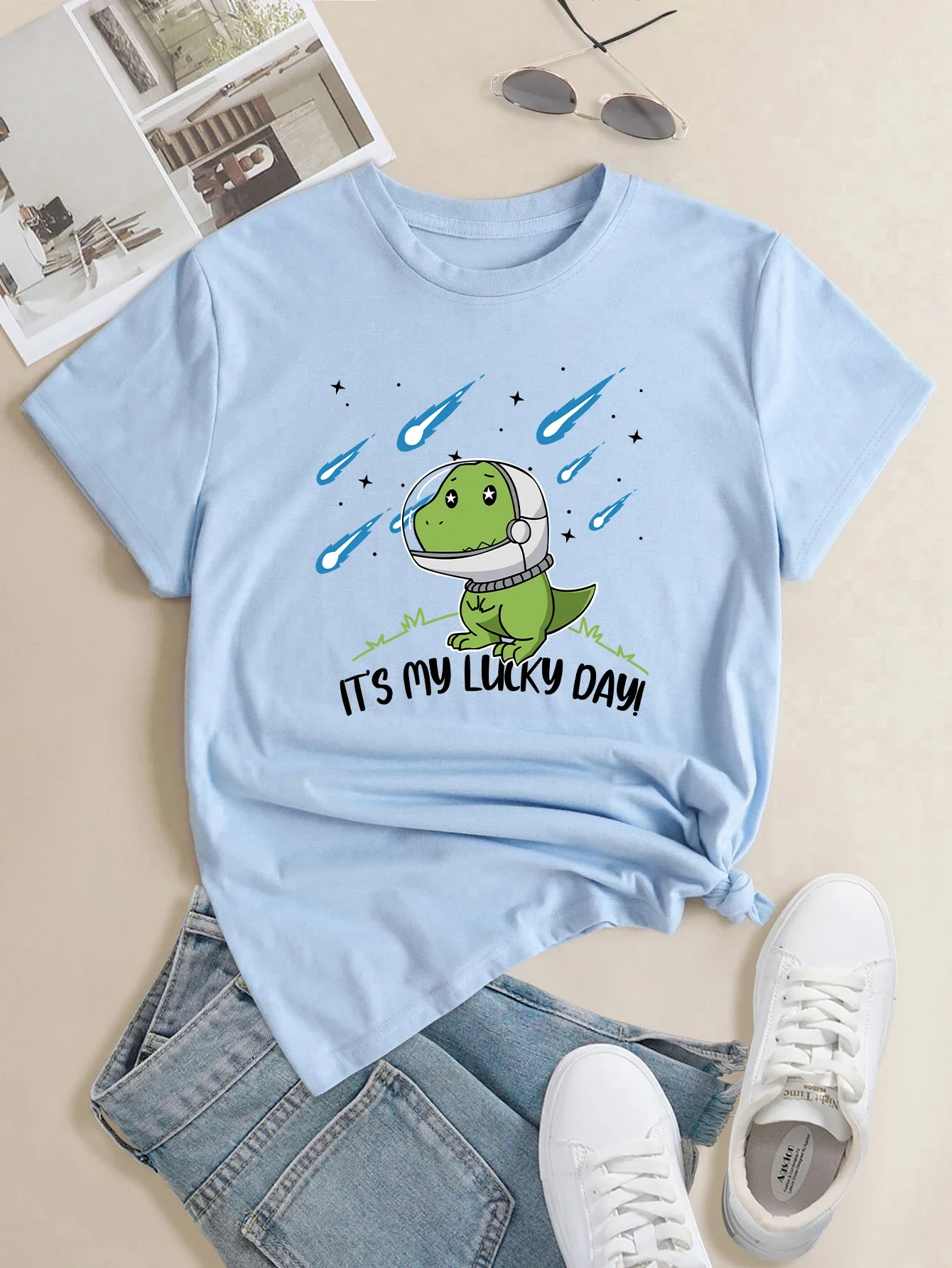 'It's my lucky day' Tee Tops Fashion Summer T Shirts Print Crew Neck T-shirt,Women's Casual Loose Short Sleeve Women's Clothing