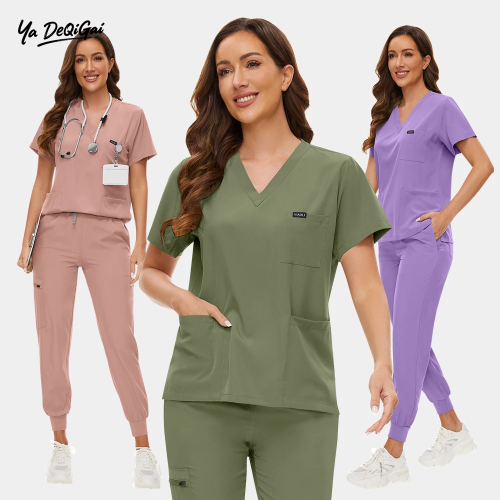 

Fashion V Neck Top Joggers Sets Hospital Uniforms Scrubs Medical Nurse Doctor Work Uniform Solid Color High-quality Workwear Set