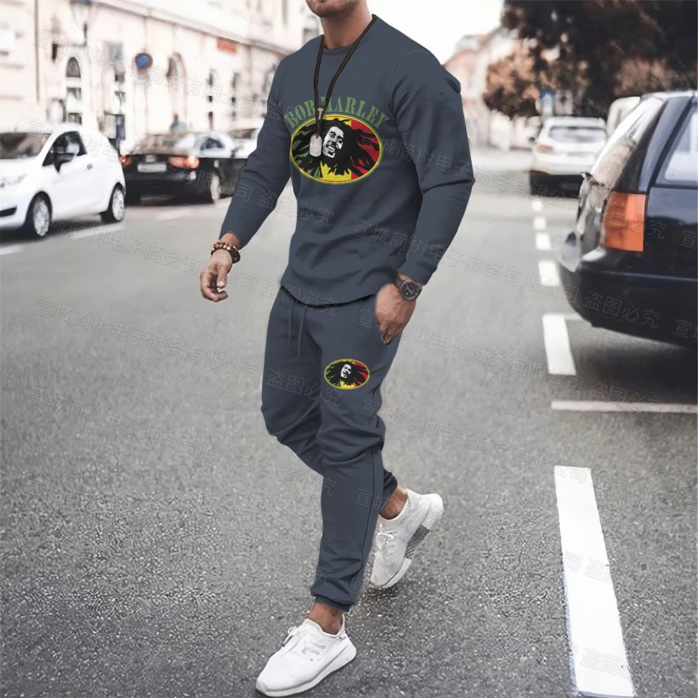 Reggae Sweatshirt Set Long Sleeve T-Shirt Casual Pants Sportswear Hip Hop Punk Street Men Oversized Jersey 2 Piece Set