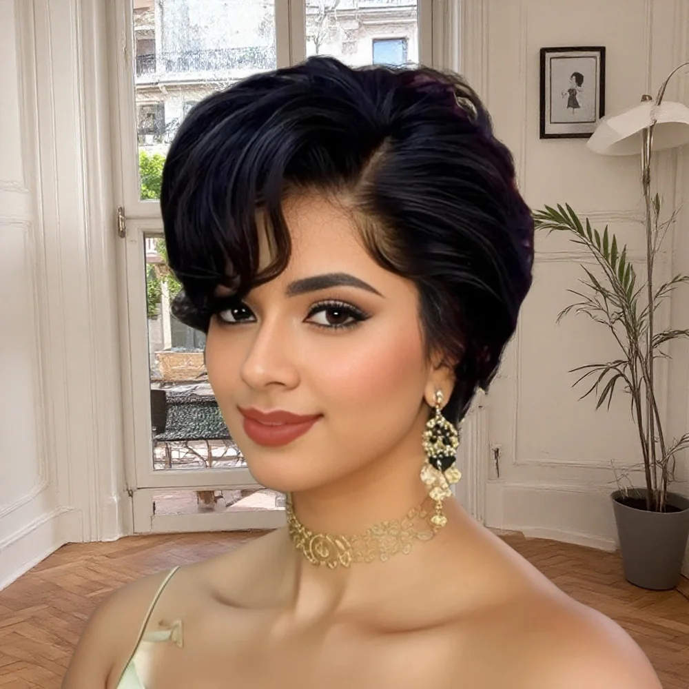 ファッションピクシーレースフロントウィッグ人毛ショートピクシーカットウィッグサイドパートウィッグ