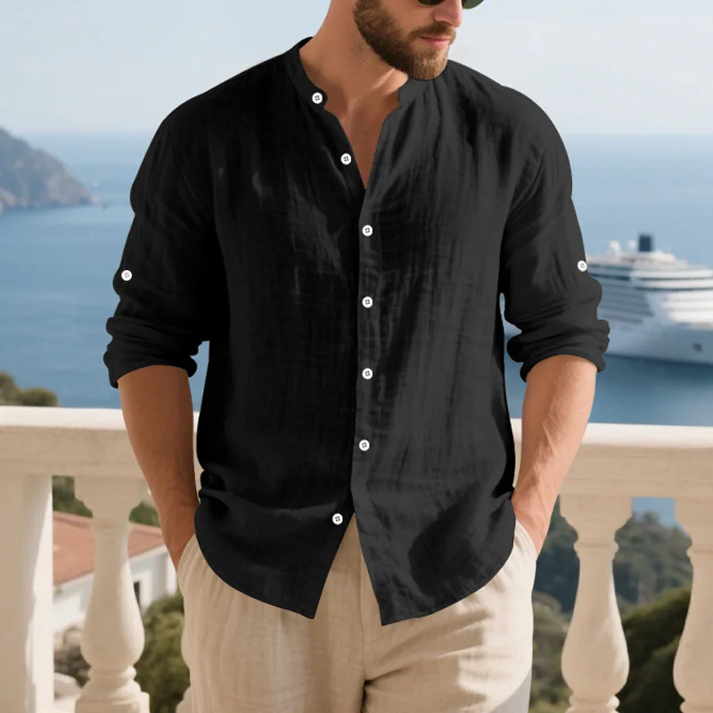 

New Autumn Products Loose Linen American Casual Simple Men's Hawaiian Henry Long-sleeved Shirt