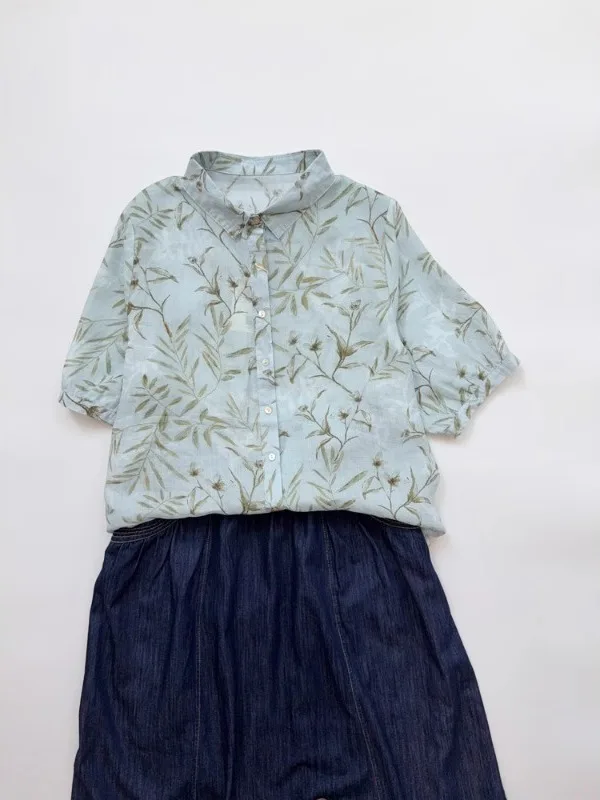 

Summer Thin Le Print Cotton Linen Loose Fit f Sve irt Women's Faionable Versatile Floral Top Comfortable Breathable