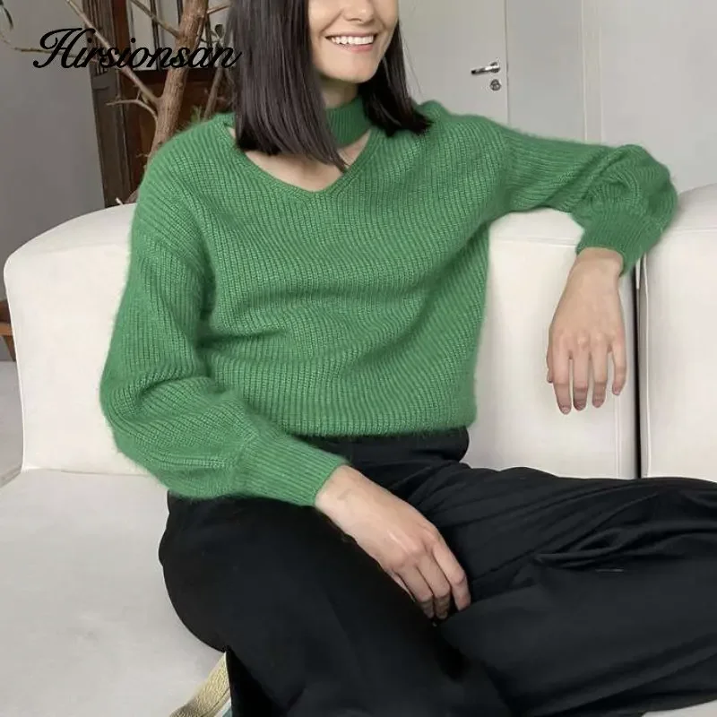 Hirsionsan macio quente v pescoço suéter feminino elegante doce cor malha pullovers feminino solto cashmere básico malhas jumper