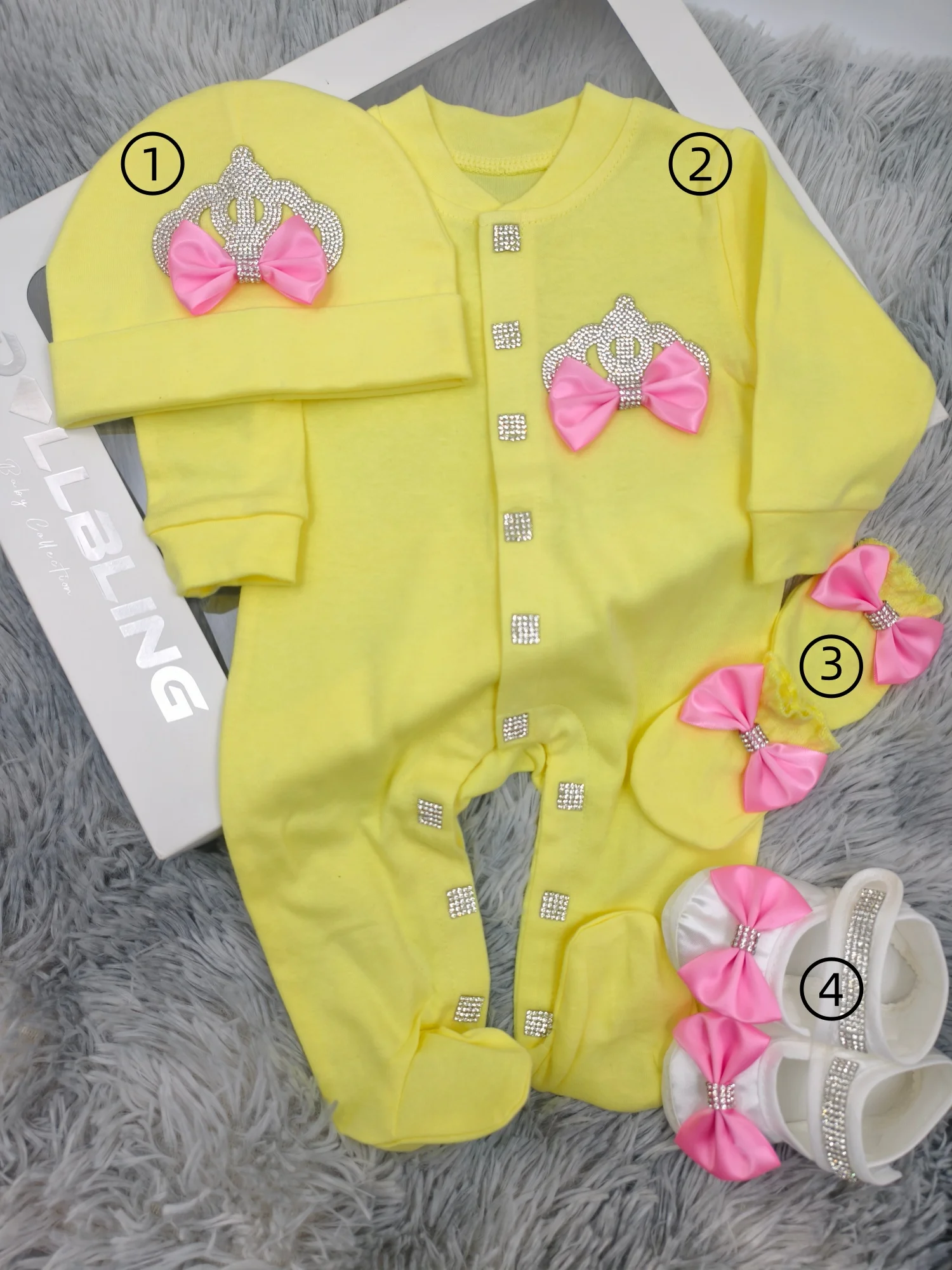 

Gorgeous Baby Girl Clothes Set 4 In 1 Yellow Long Sleeve Footed Jumpsuit With Bling Rhinestone Crown Bow Hat Booties Shoes