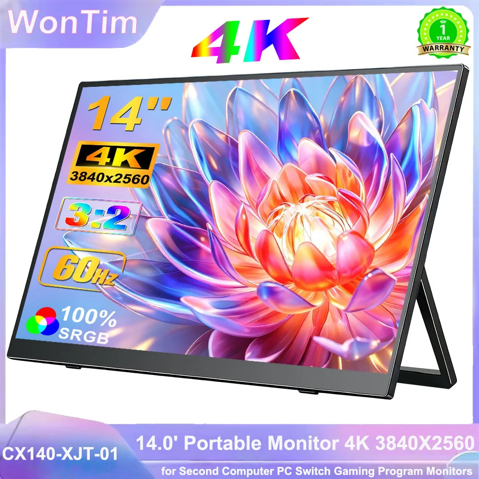 WonTim 14" 4K Portable Monitor 3840x2560 100% DCI-P3 Thunderbolt USB-C HDMI for Phone, PS5, Laptop PC Second Screen Display