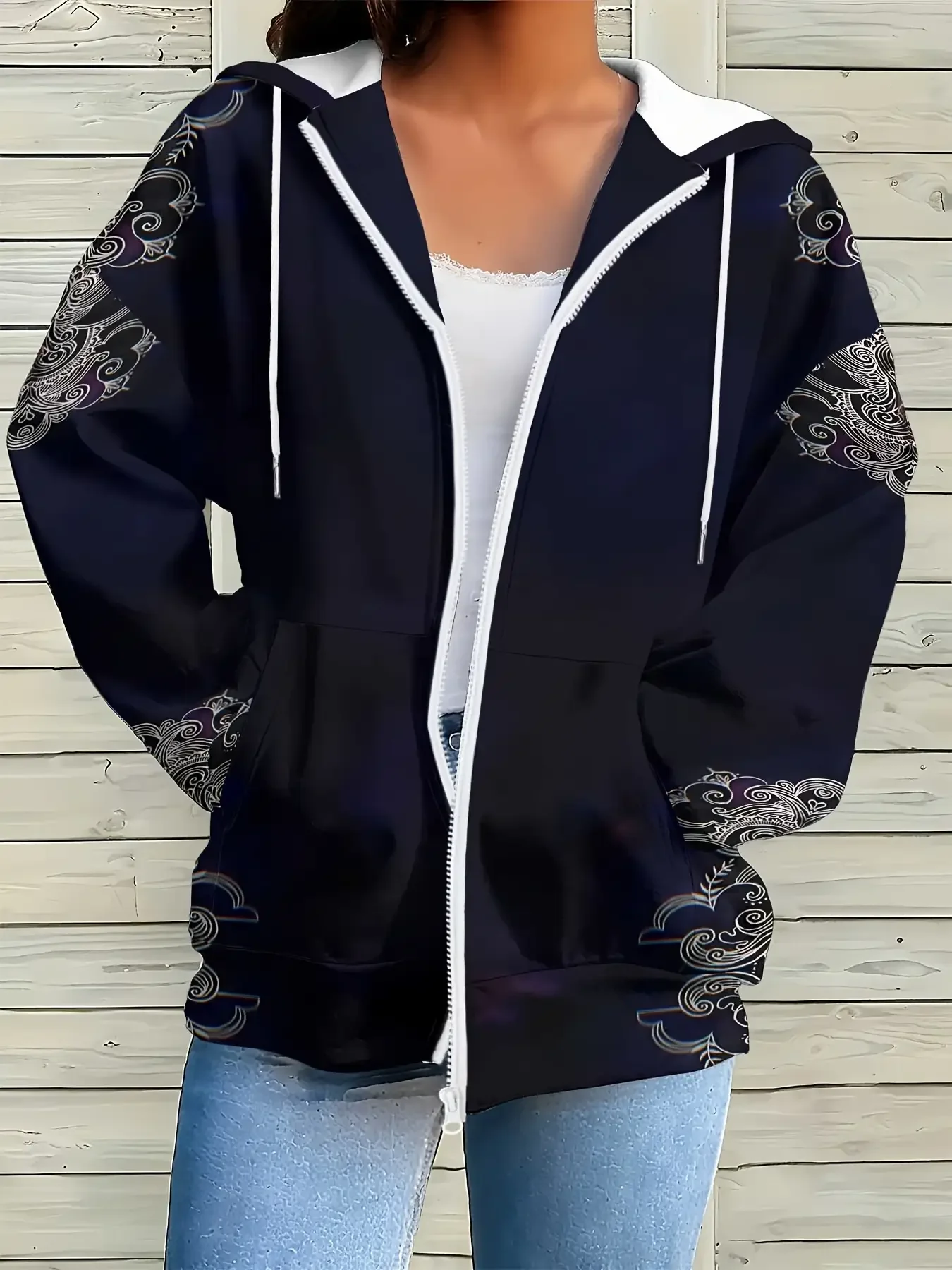 

Ladies' long sleeved loose and elegant style jacket with zippered pockets, open top jacket, tracksuit men