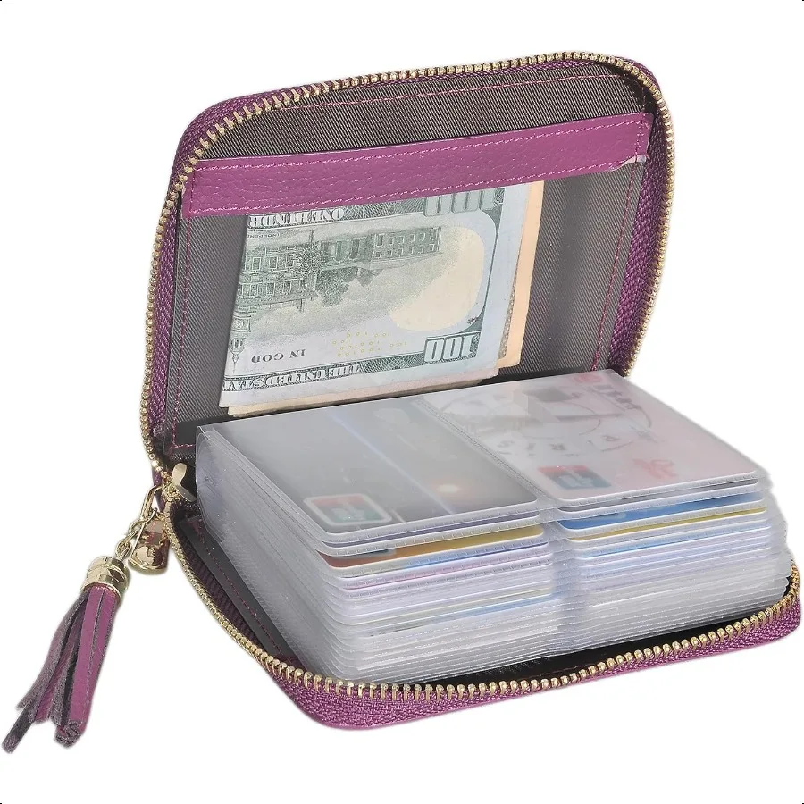 

Womens Credit Card Holder Wallet Zip Leather Card Case RFID Blocking Purple