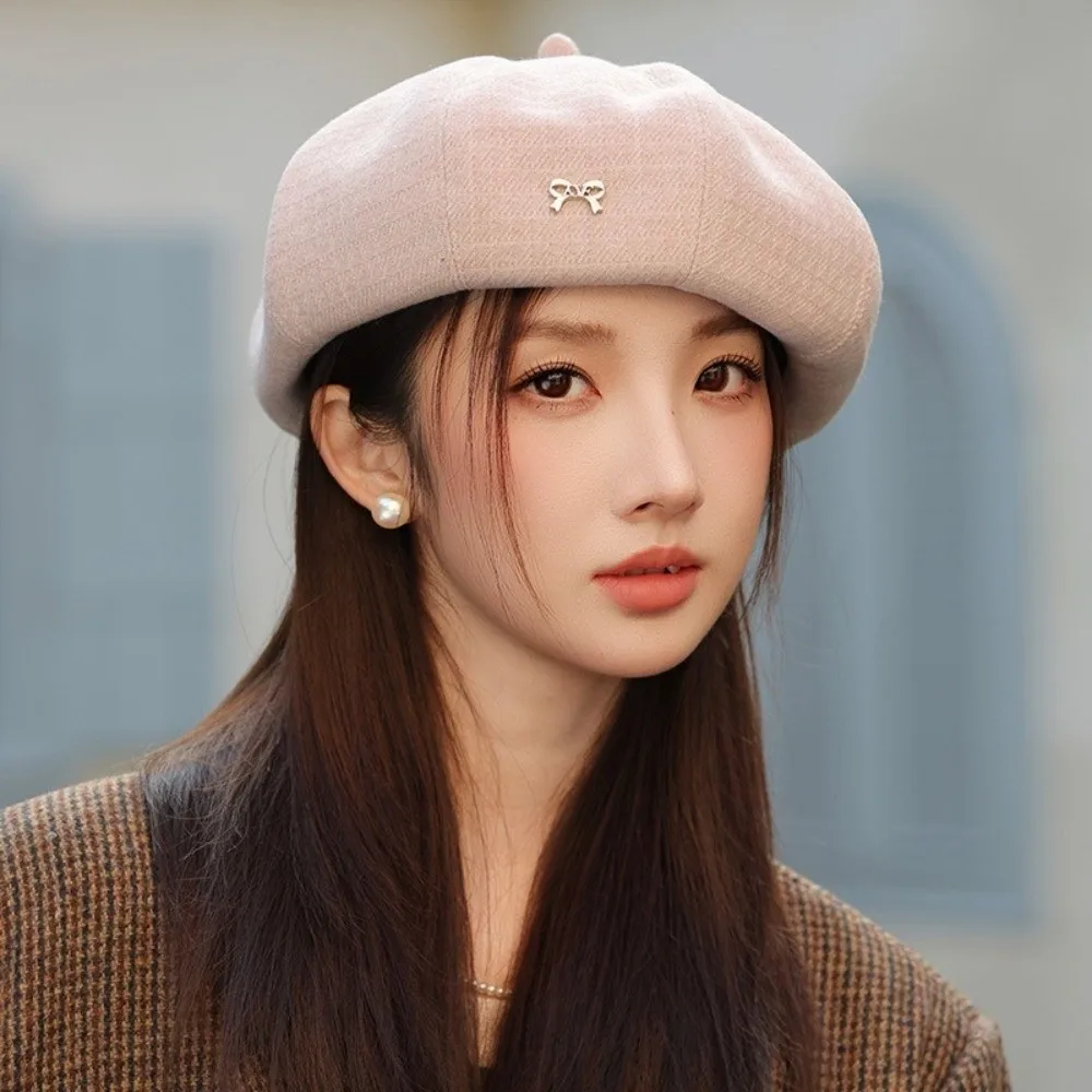 

Elegant Bow Women Berets Keep Warm Solid Color Painter Caps Elastic Korean Style British Beanie Hat Ladies