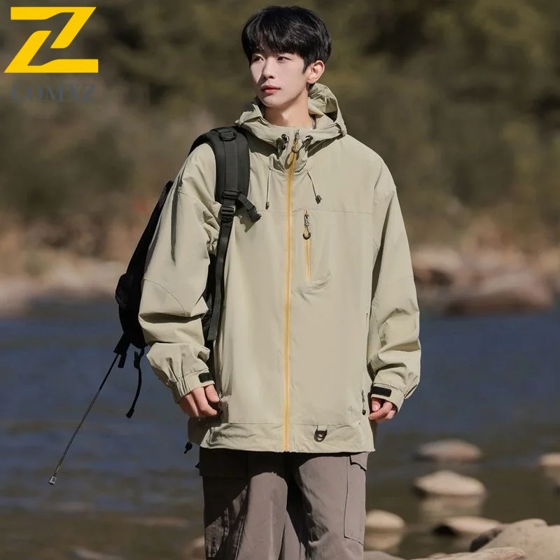 

COMXZ Мужская альпинистская куртка с капюшоном для отдыха, удобные пальто на открытом воздухе, однотонные ветрозащитные осенние мотоциклетные куртки для кемпинга