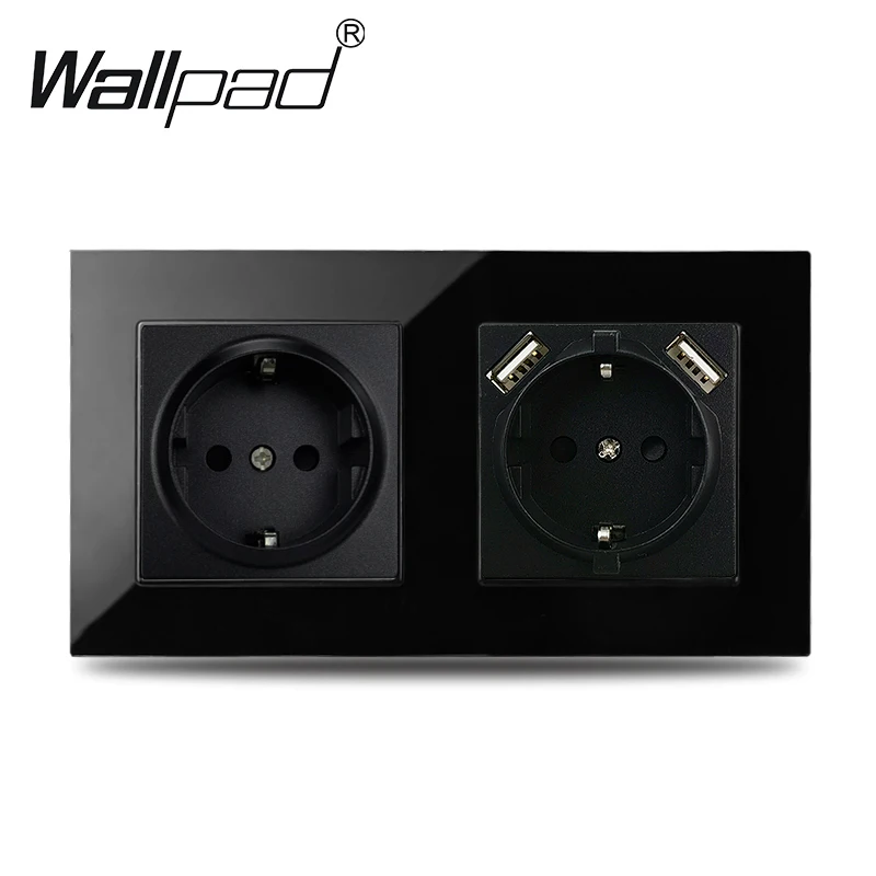 Round Back Euro 156*86mm Glass PC Panel Wall Socket with USB EU 2gang Power Outlet 16A Electrical Plug Grounded Double SocketS