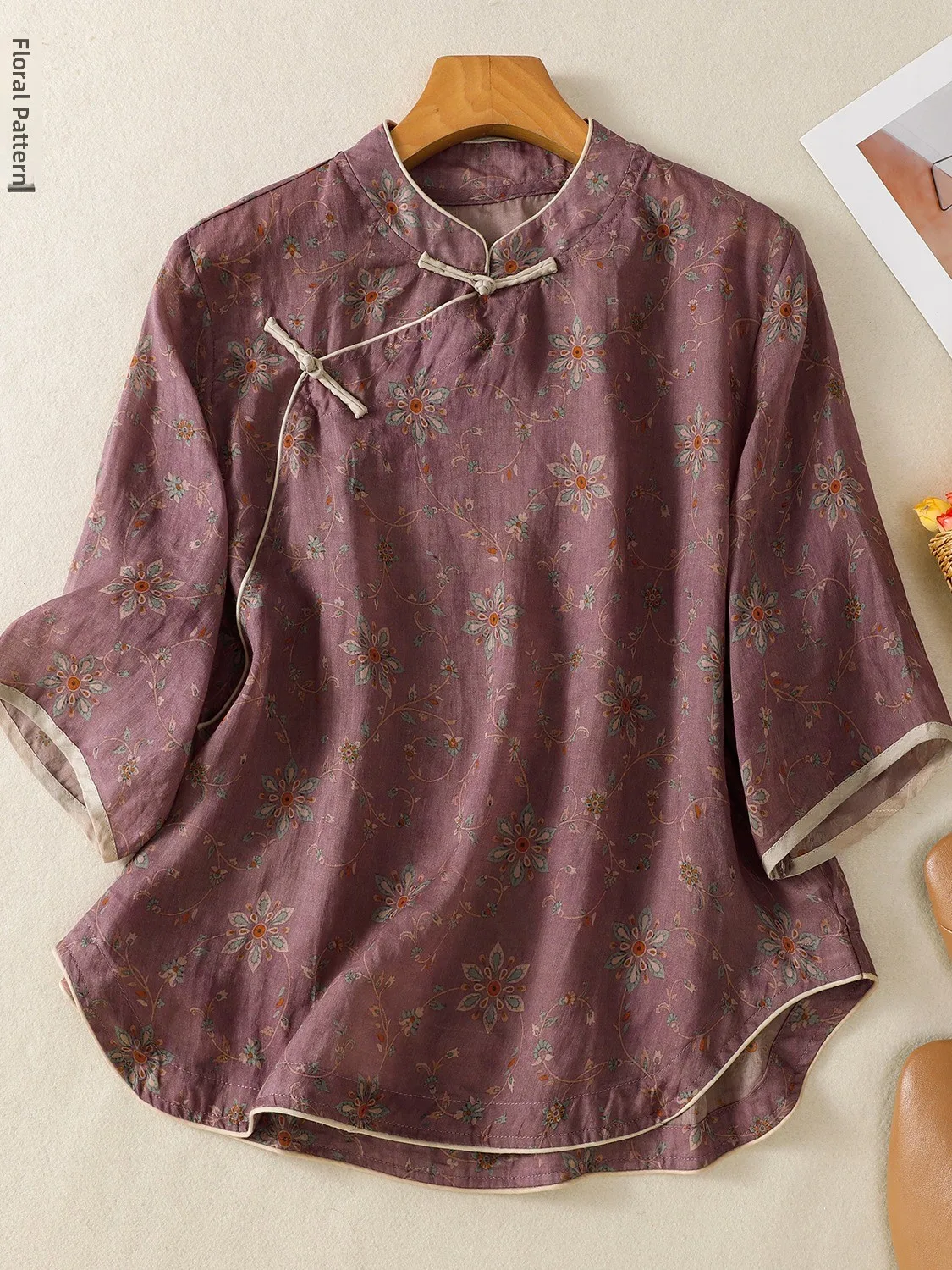 

New Chinese Style Floral Cotton Linen Short Sleeve Shirt Women Summer Side Button Stand Collar Slimming Top Traditional Print