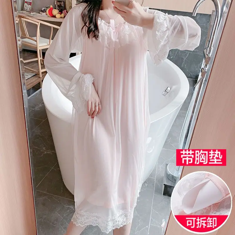 Fairy Nightwear Lace Women\'s Autumn Long-sleeved Modal Vintage Nightgown Nightdress Princess Kawaii Girl Sleepwear