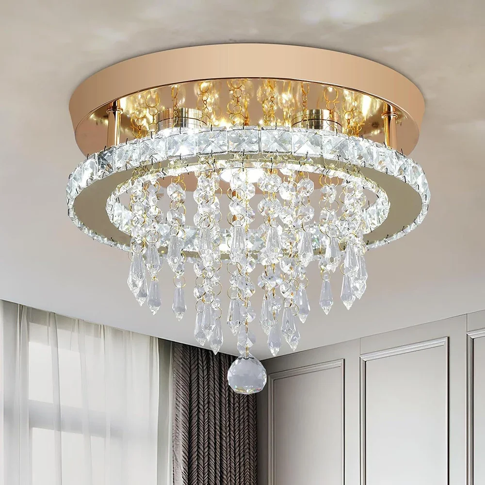 Luxury Crystal LED Ceiling Light Round Flush Mount Lamps Gold/Chrome Color 110-240v Lighting for Living Room Bedroom Dining Room