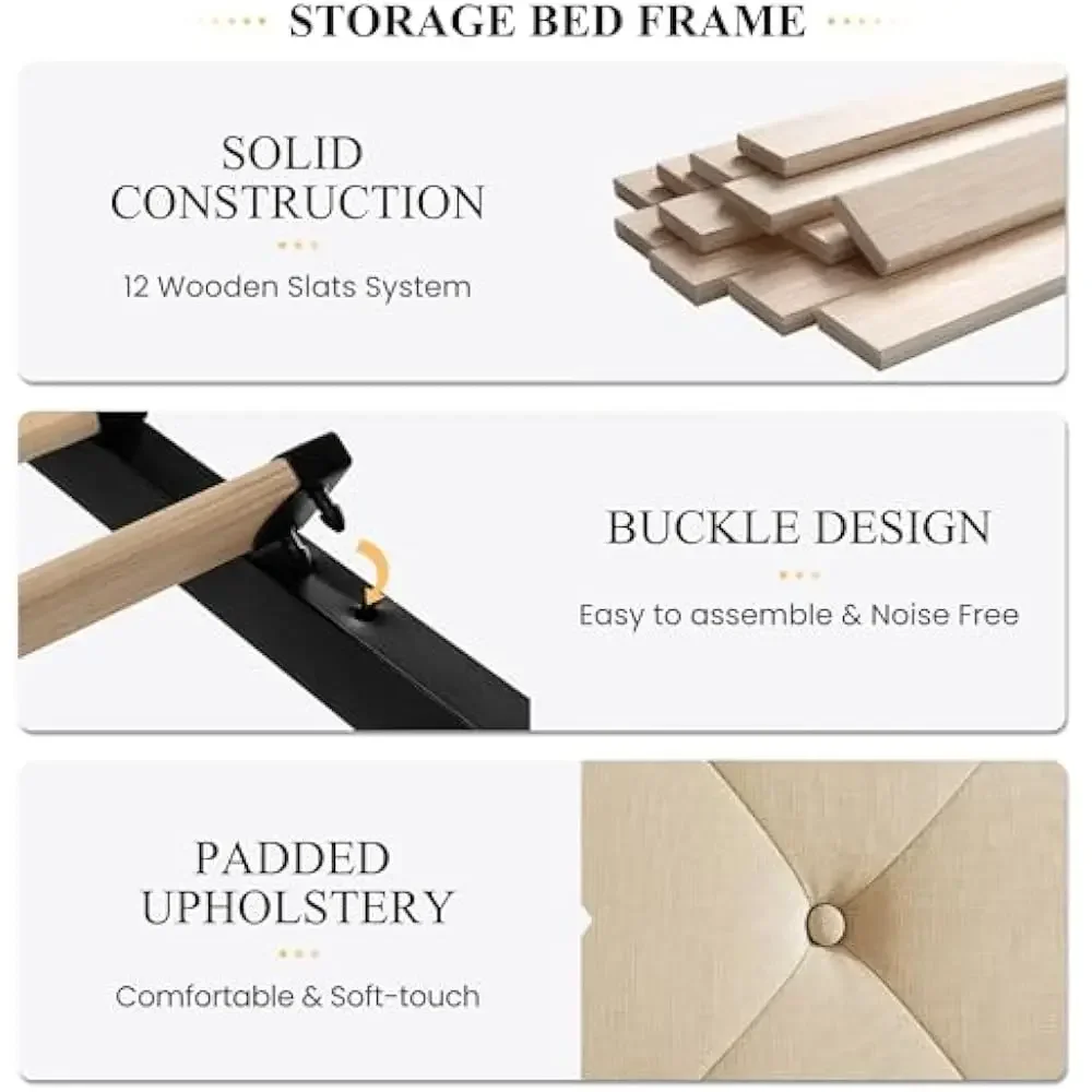 إطار سرير بحجم كوين مع 4 أدراج تخزين، لوح رأسي قابل للتعديل مع تصميم معنقدة بزر مخيط بالألماس، لا حاجة إلى صندوق زنبركي