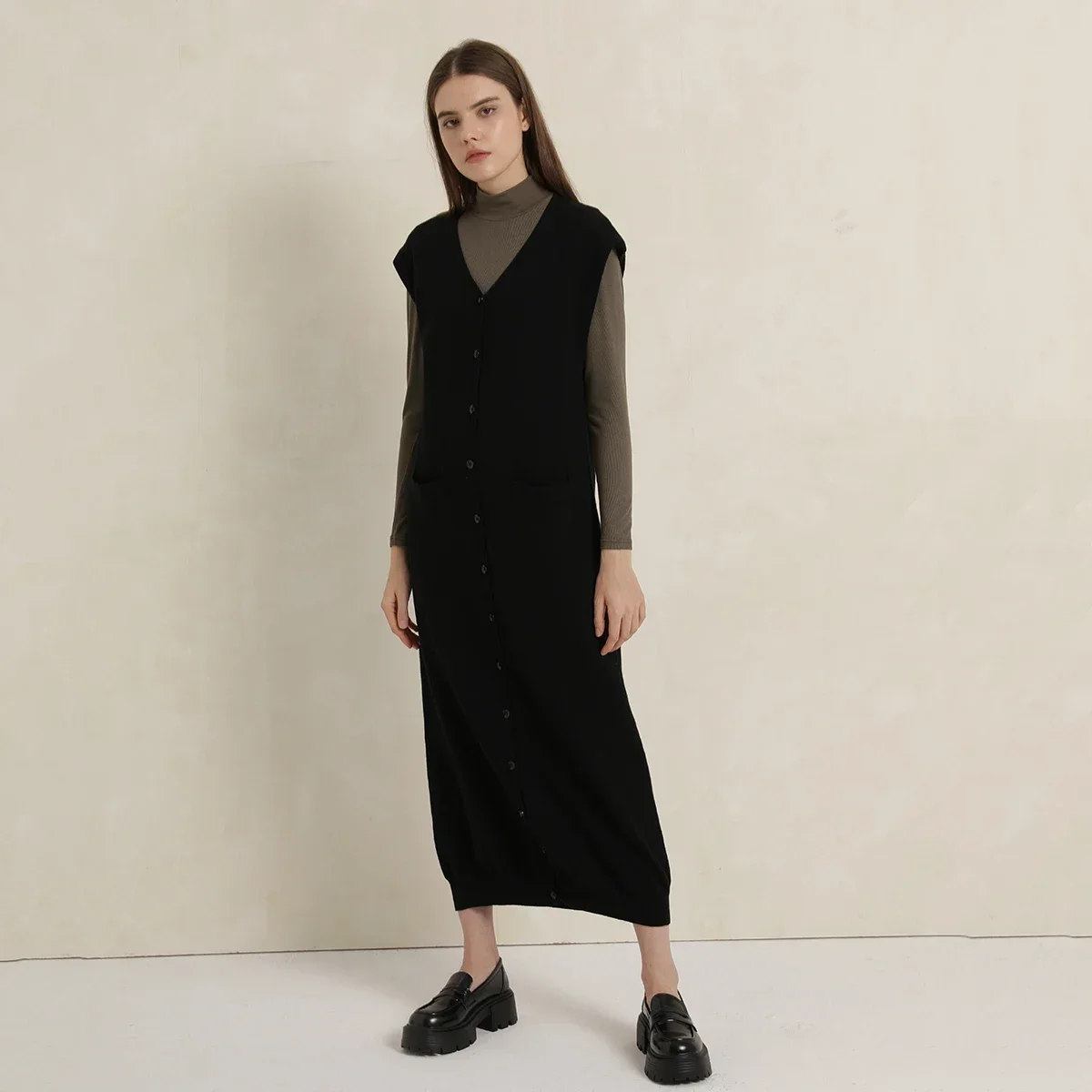 AP Sweater Maxi Women Dress Wool 2024 Fall Women Black Dress Lady Clothes Sleeveless Dress Buttons, #2008