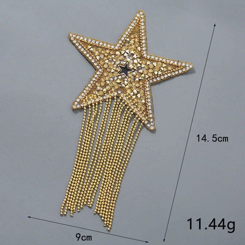 Luxury Crystal Rhinestone Five-pointed Star Tassel Patches for Clothing Iron on Clothes Appliques Iron-on Pentagram Stickers DIY