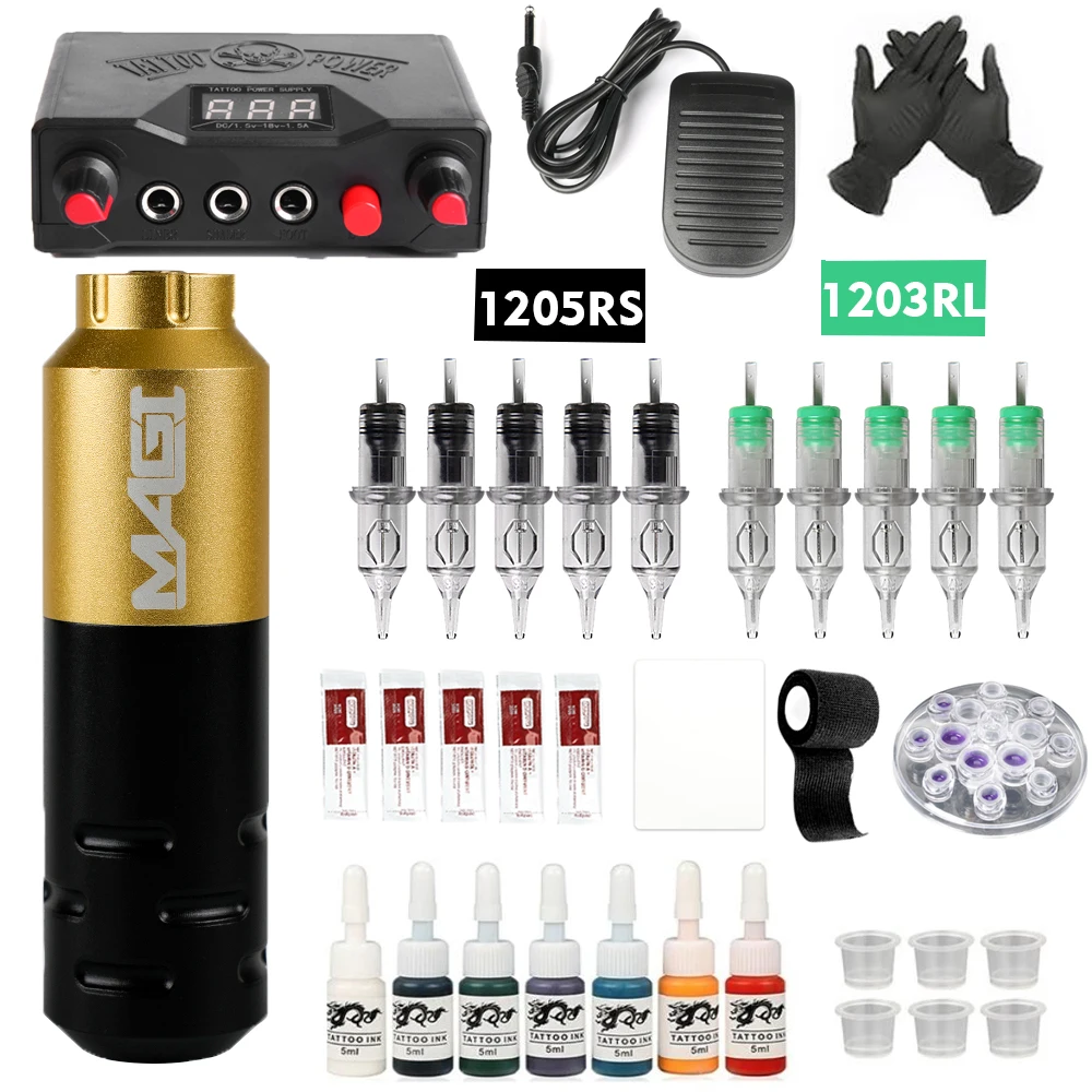 

Complete Tattoo Machine Kit MAGI Rotary Pen RCA Jack LED Tattoo Power Supply LCD Screen Cartridge Needles Makeup Tattoo Ink Set