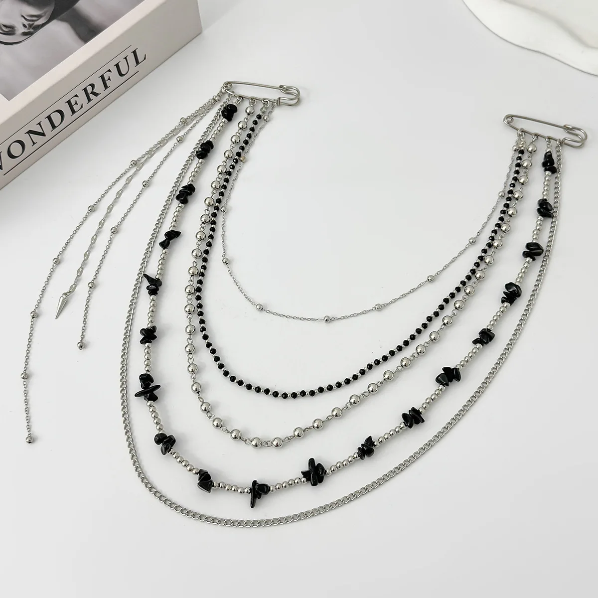 Punk Hip Hop Long Crystal Brooch for Women Fashion Multi-layer Beaded Tassel Chain Lapel Pin Accessory Trendy Jewelry view 4