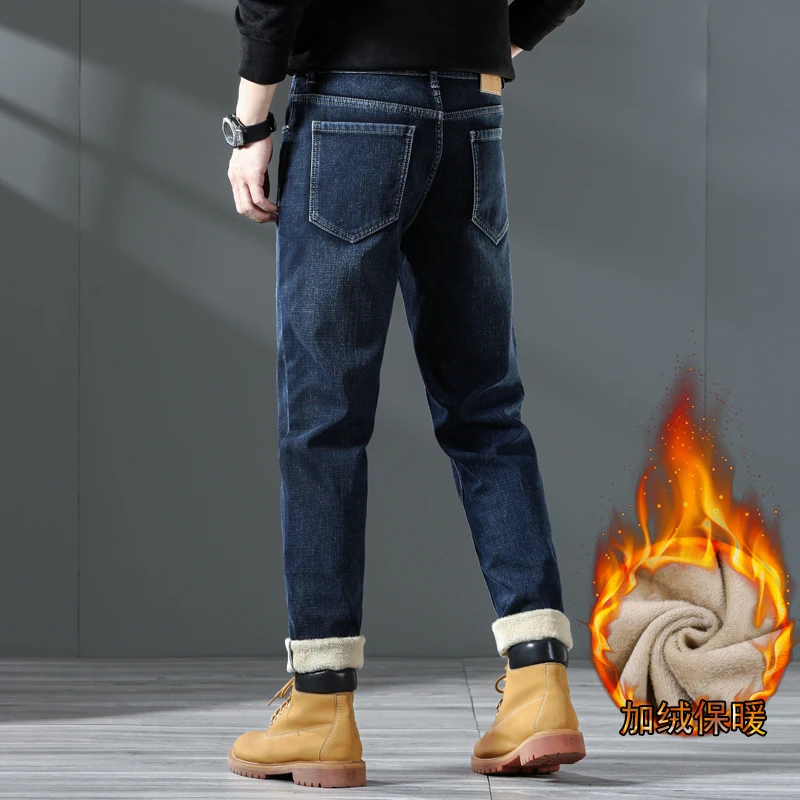 2024 Winter Jeans Men Fleece Thicken Men's Jeans Stretch Straight Slim Dark Blue Male Warmer Trousers Full Length Streetwear