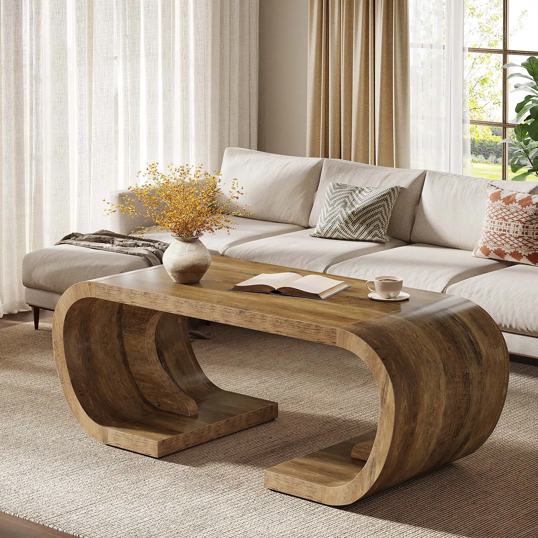 #ji Tribesigns Farmhouse Coffee Table C Shaped Curved Base Heavy Duty Center Tea Table For Living Room Home Office Rustic Brown