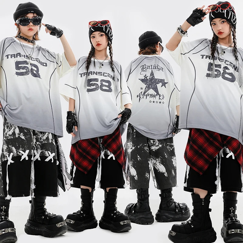

Hip Hop Dance Costume Boys Fashion Number Printed Tee+ Drawing Pants Girls Kpop Modern Dance Performance Suit Kids Hiphop Wear
