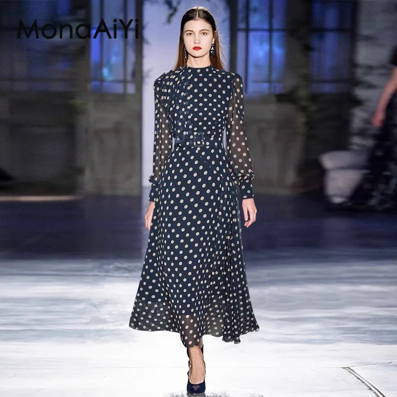 

MonaAiYi 2023 New Fashion Runway Designer Women's Lantern Long Sleeved Pleated Ruffle Lace Up Waist Swing Dress