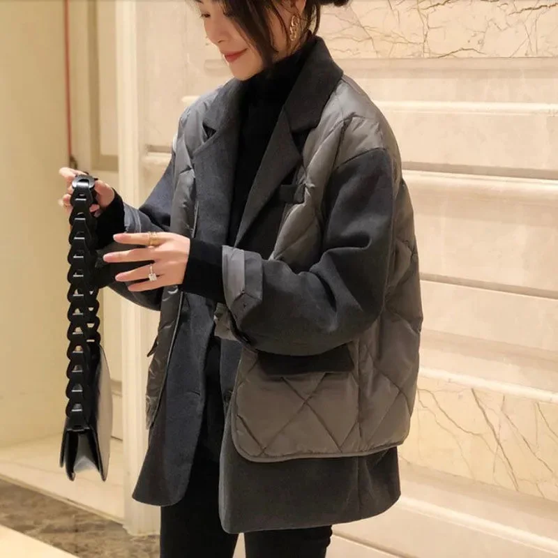 2022Autumn Winter New Black Fake Two-Piece Suit Collar Down Jacket Female Korean Style Jacket  Women Coat European Station Trend