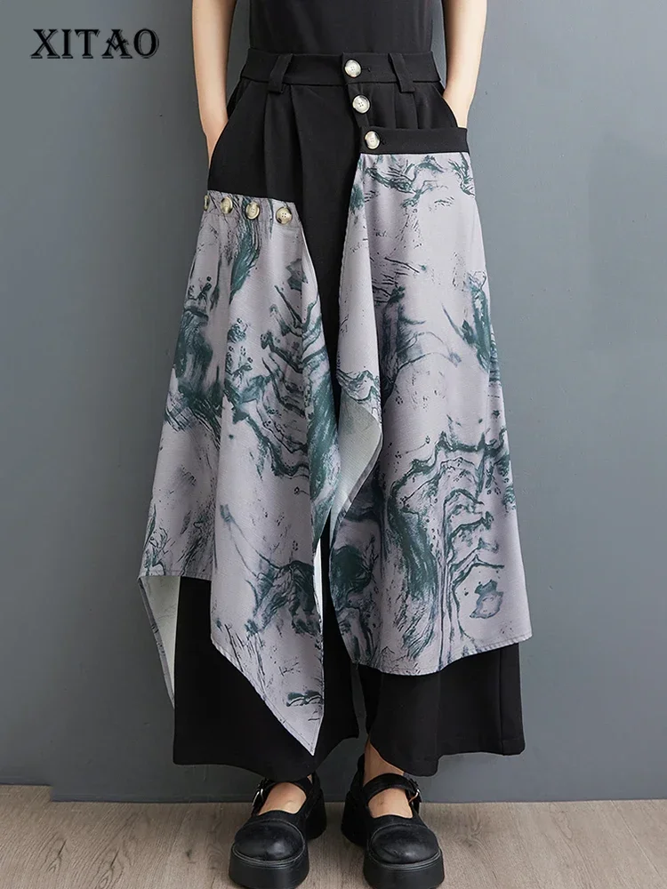 

XITAO Tie Dye Print Patchwork Pants Elastic Waist Button Fly Loose Pleated Casual Fashion Pant 2025 Summer New All Match HJF8227