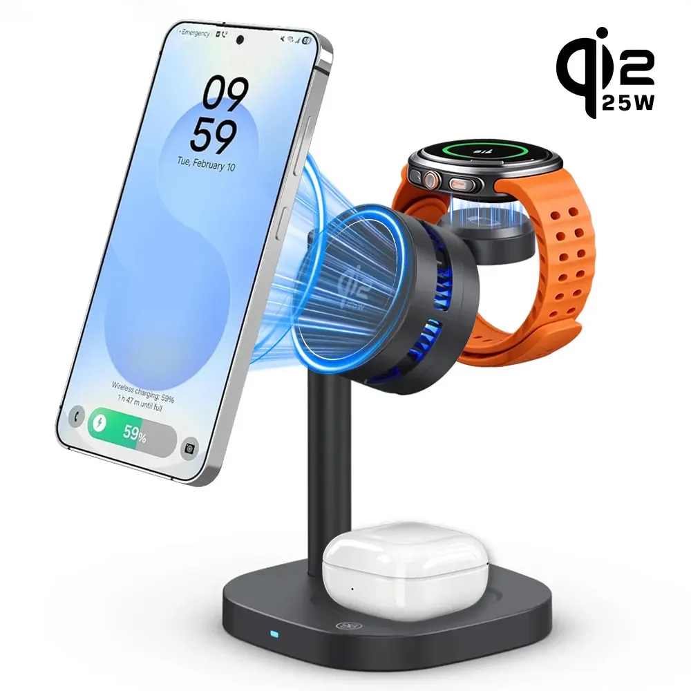 3 in 1 Qi2.2 25W TEC Magnetic Wireless Charger Station Closable Fan for Samsung S26 S25 Galaxy Watch 9/8/7/6/Active/Ultra 2 Buds