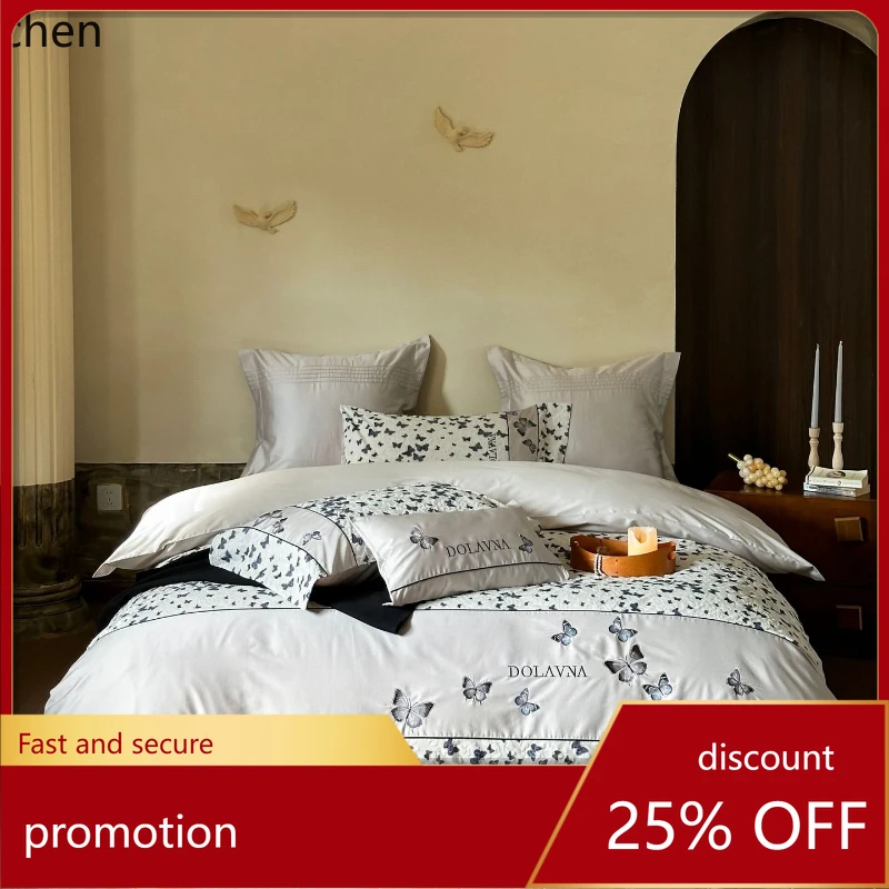 

HXL Butterfly Embroidered Long-Staple Cotton Bed Sheet Set for Home Bedroom, Pure Cotton Four-Piece Set