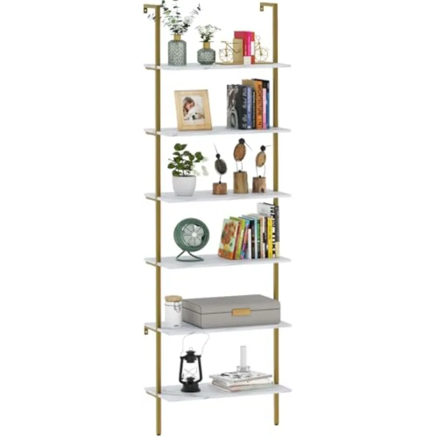

Ladder Shelf 6 Tiers Marble White Modern Bookshelf for Living Room Bedroom, Open Tall Wall Mount Standing Leaning Shelf, Indust