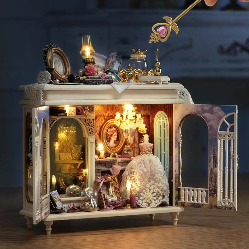 DIY Wooden  Miniature Model Kits Moonlit Dreamy Mirror Mini Casa With Furniture Lights Dollhouse for Friends Birthday Gifts