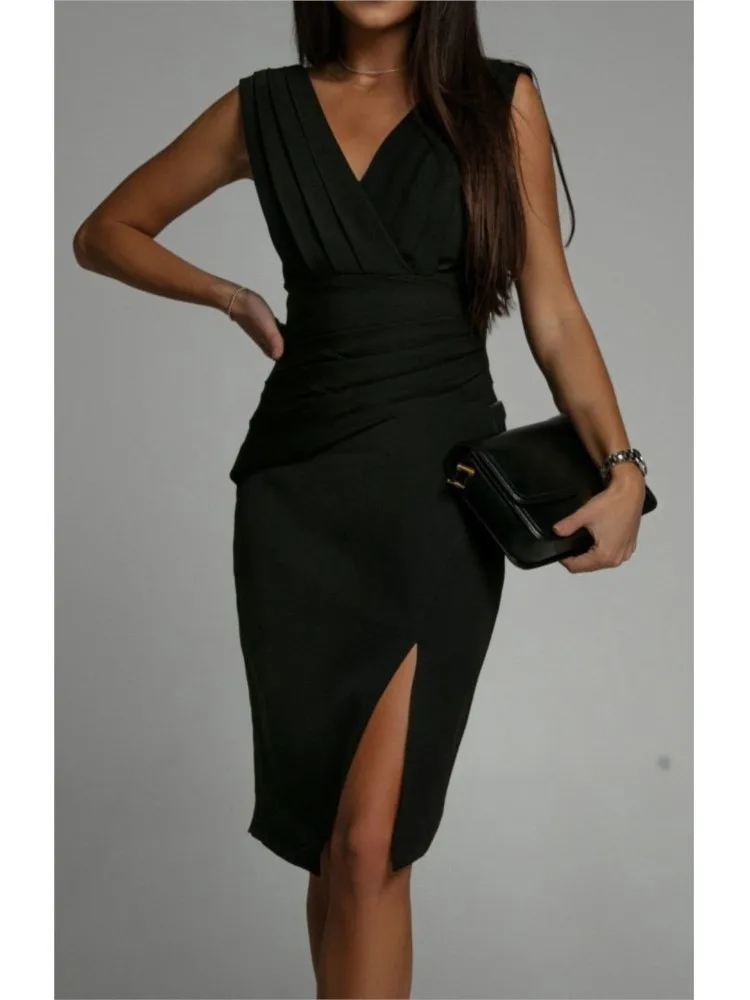 فستان أنيق سادة نحيف سيدة موضة مثير الخامس الرقبة بلا أكمام حزمة الورك عالية الخصر فساتين للنساء مكتب ملابس للحفلات جديد #4