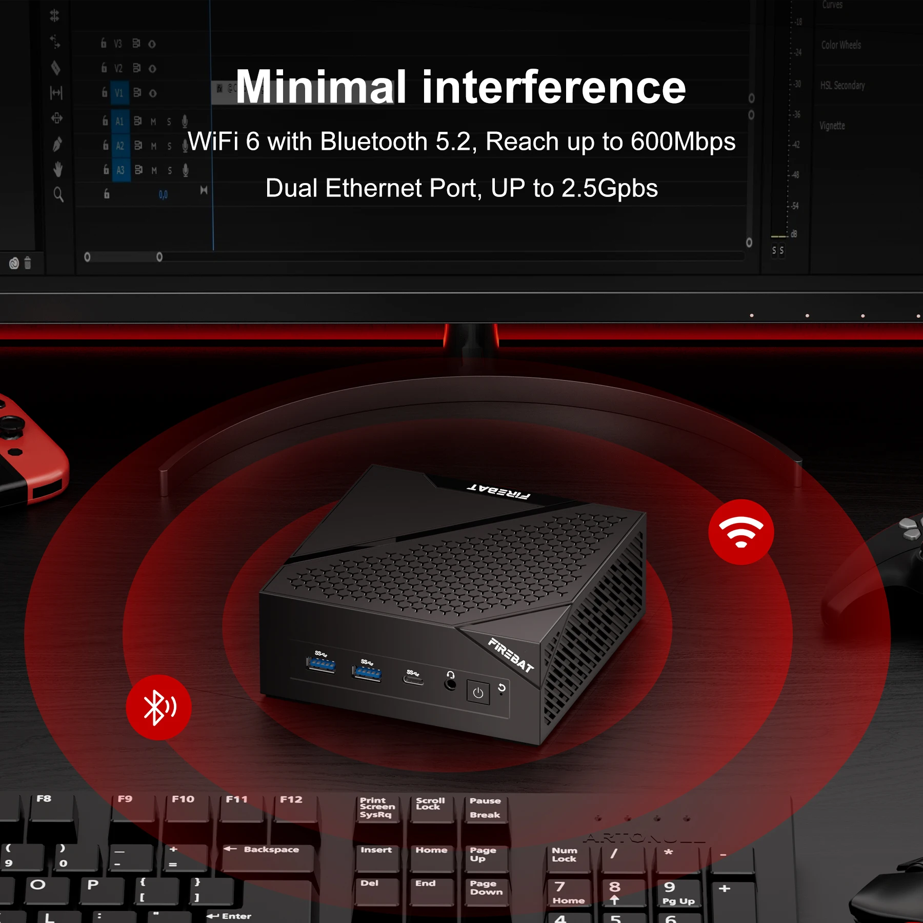 FIREBET AM022 Mini PC 6600H CPU 6C/12T MAX 4.5GHz 16GB DDR5 RAM 512GB SSD Windows 11 Desktop 2*RJ45 WIFI6 BT5.2 Gaming Computer