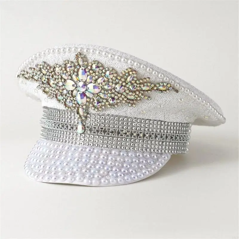 

Bride Hat Shimmering Rhinestones Captain Hat Sequins Sailors Hat for Music Festivals Sparkly Crystal Caps