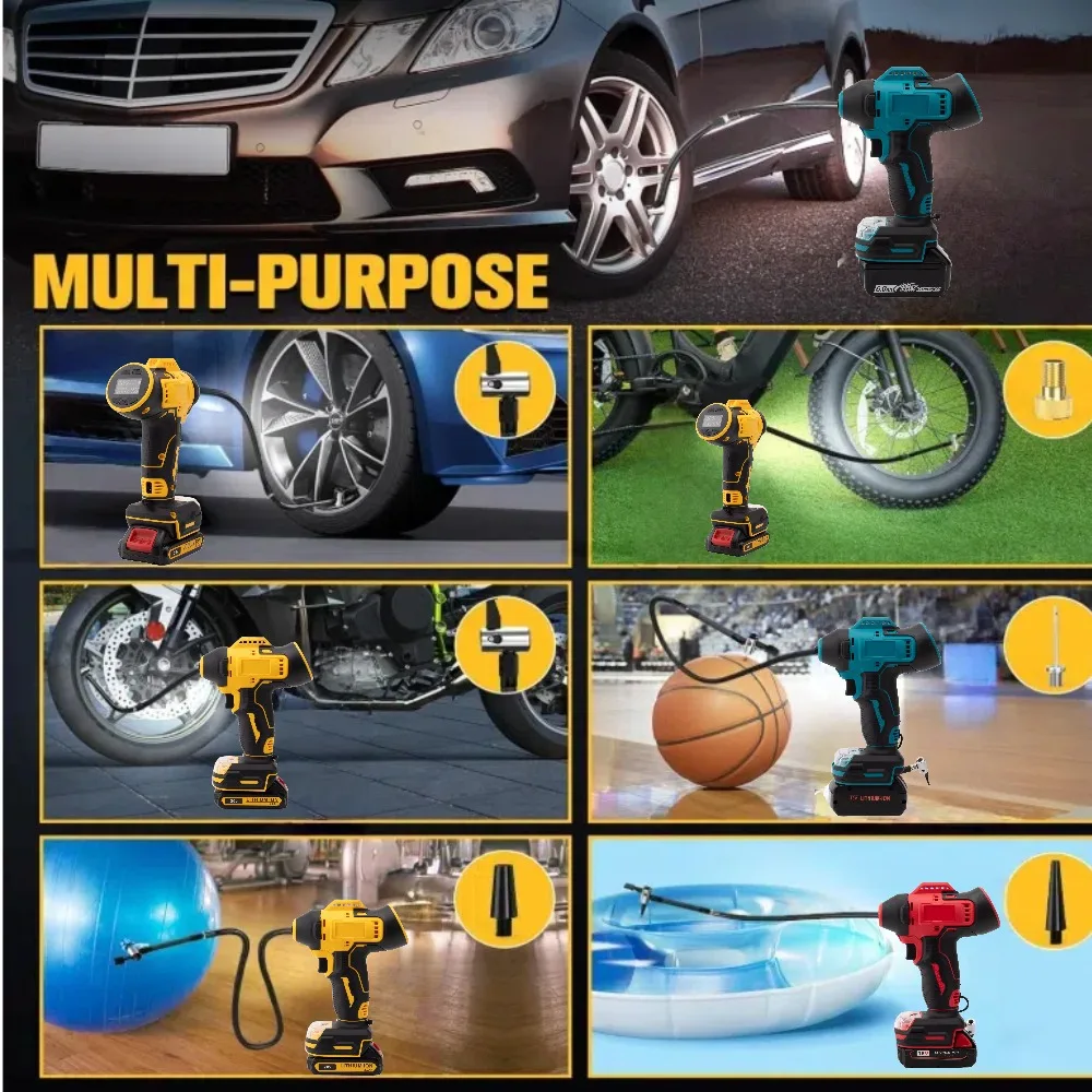 Cordless Tire Inflator Portable Air Compressor w/ Digital Pressure Gauge for Dewalt/Makita/Milwaukee/BOSCH 18 Lithium Battery