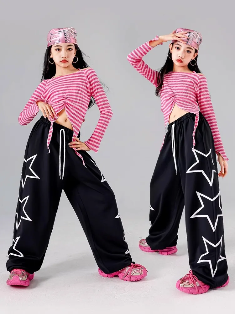 สาวสมัยใหม่ Street สวมเสื้อผ้าเต้นรําแจ๊สสีชมพู Crop Tops กางเกงขายาวสีดํา Hip Hop ฝึกเสื้อผ้าเครื่องแต่งกาย L14507