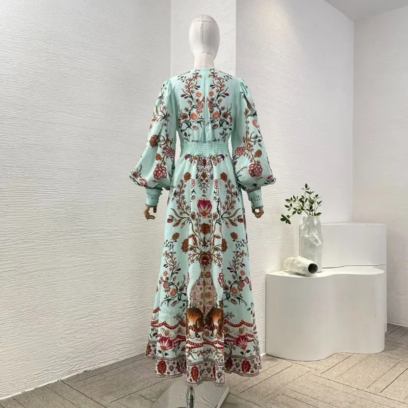 Girls' Blue Green Floral Animal Print Elgant New Fashion Style Vintage Long Sleeve Deep V Neck Midi Dresses