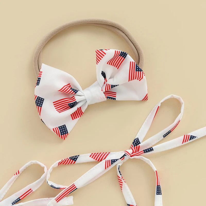 الرضع طفلة 4th من يوليو الزي العلم الأمريكي التعادل الكتف Smocked رومبير فستان القوس عقال طفل 2 قطعة الصيف مجموعة