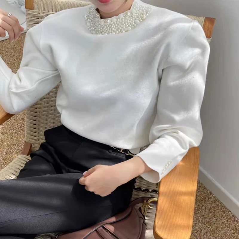 Mock Neck Beading Crop Top Knitted Sweater Winter Pullover Lazy Oaf Fall Vintage Korean Blusa Termica Black White Blusa Tricot