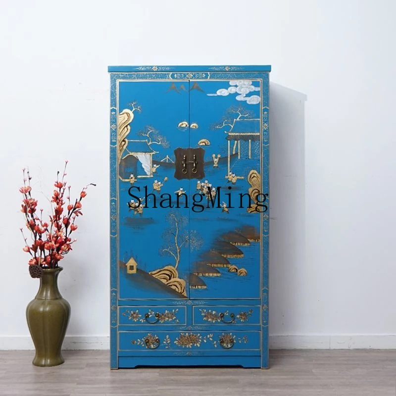 

ZYY Chinese-style solid wood home bedroom retro elm painted gold-painted wardrobe large-capacity storage cabinet