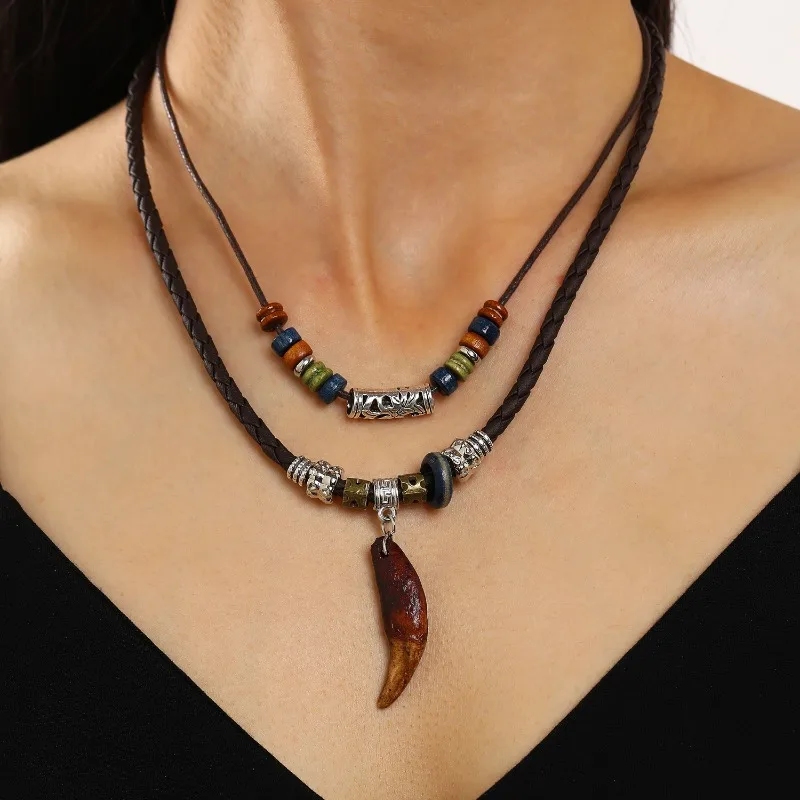 Boho Ethnic Colorful Wooden Beads Imitation Animal Teeth Pendant Double-layer Leather Cord Tribal Necklace for Men Women Jewelry