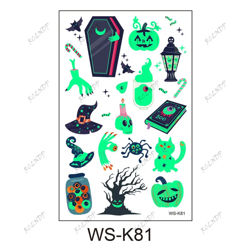 Waterproof Temporary Luminous Tattoo Sticker Cross Bat Grim Reaper Skull Halloween Flash Tatoo Fake Tatto for Kids Women Men