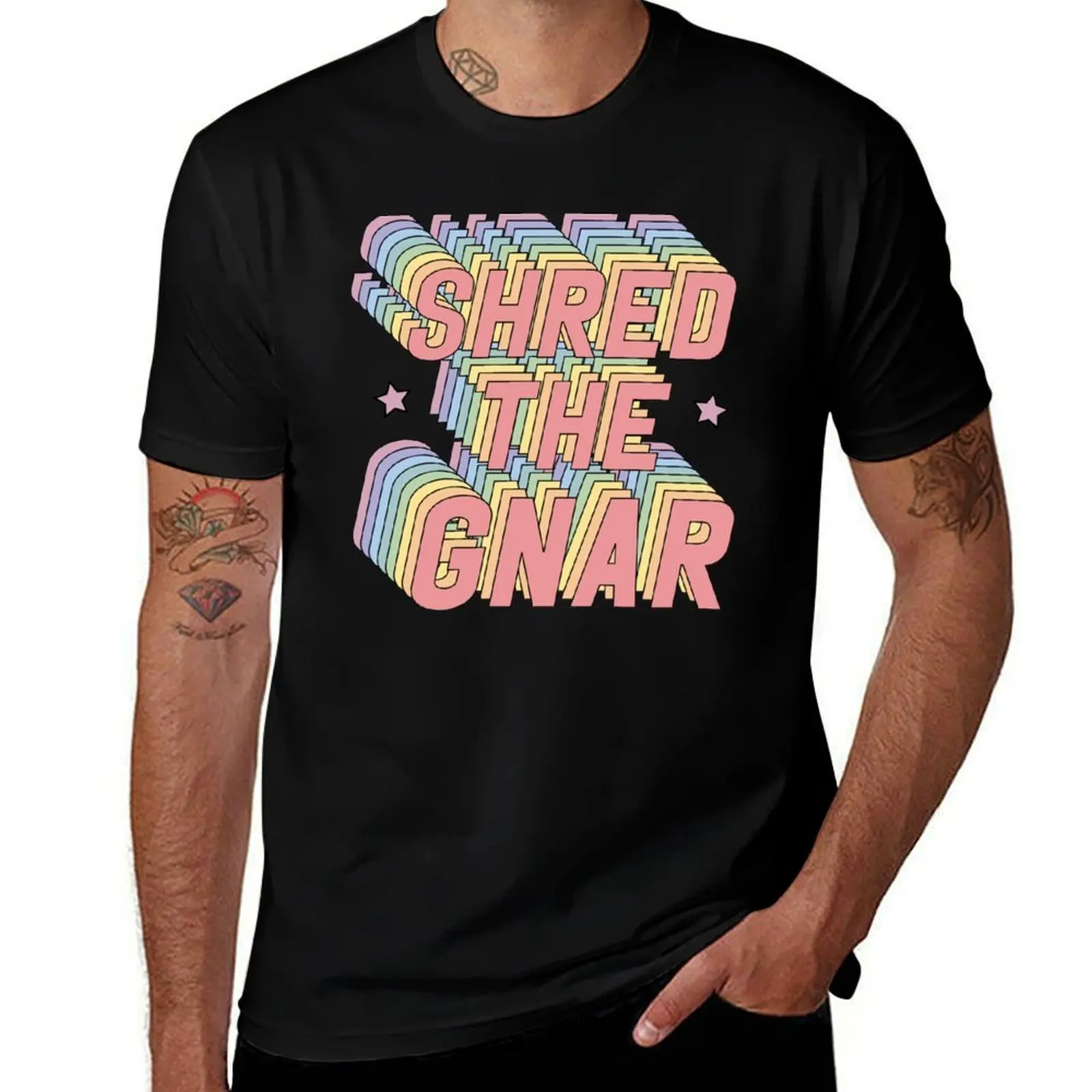 Shred the Gnar Snowboarding Surfing Rainbow Pastel T-Shirt Tough Fabric Work Tee