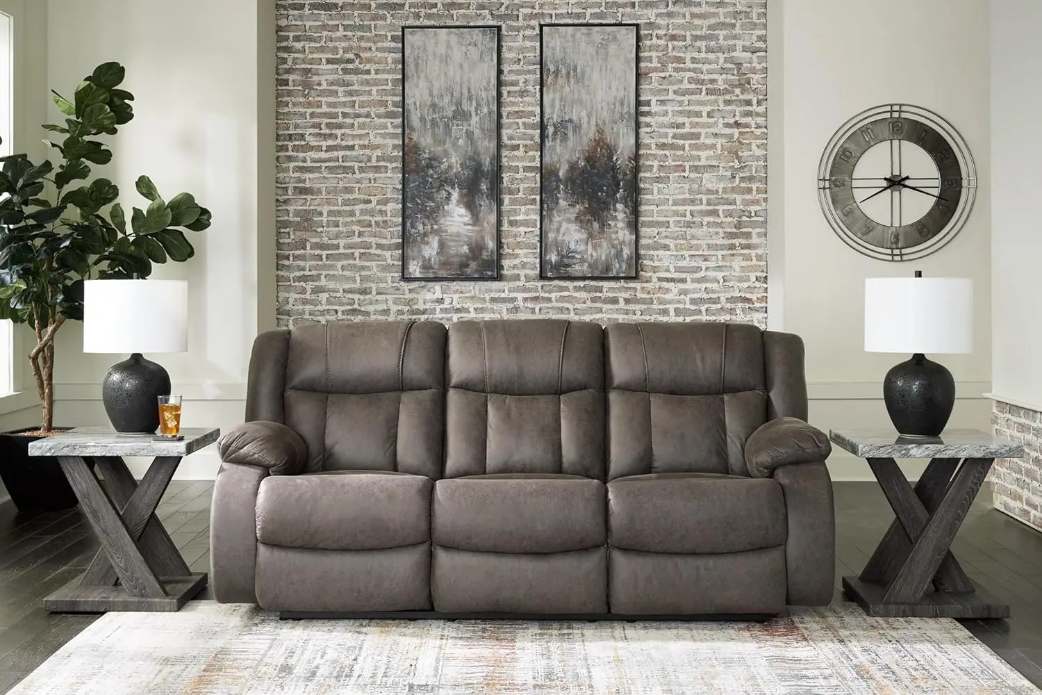 Design by Ashley First Base Contemporary Faux Leather Manual Reclining Sofa, Gray