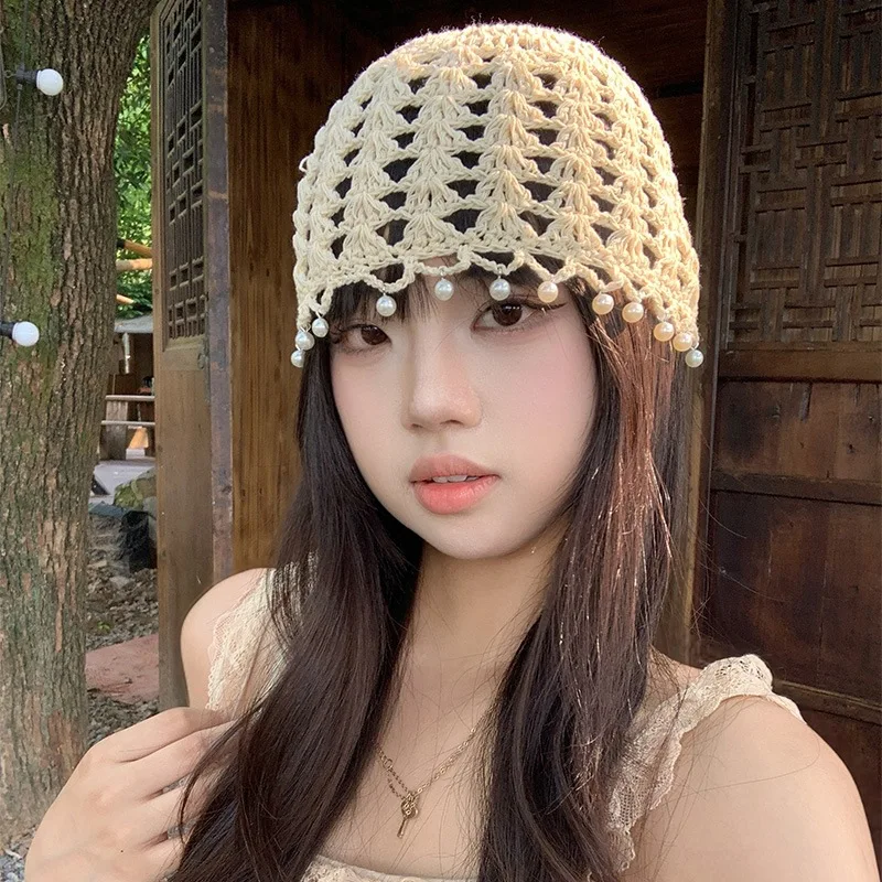 Hand Crochet Hollow Mesh Bucket Hat Women Pearl Tassel Decor Sun Cap Breathable Lightweight Summer Beach Travel Fisherman Hat