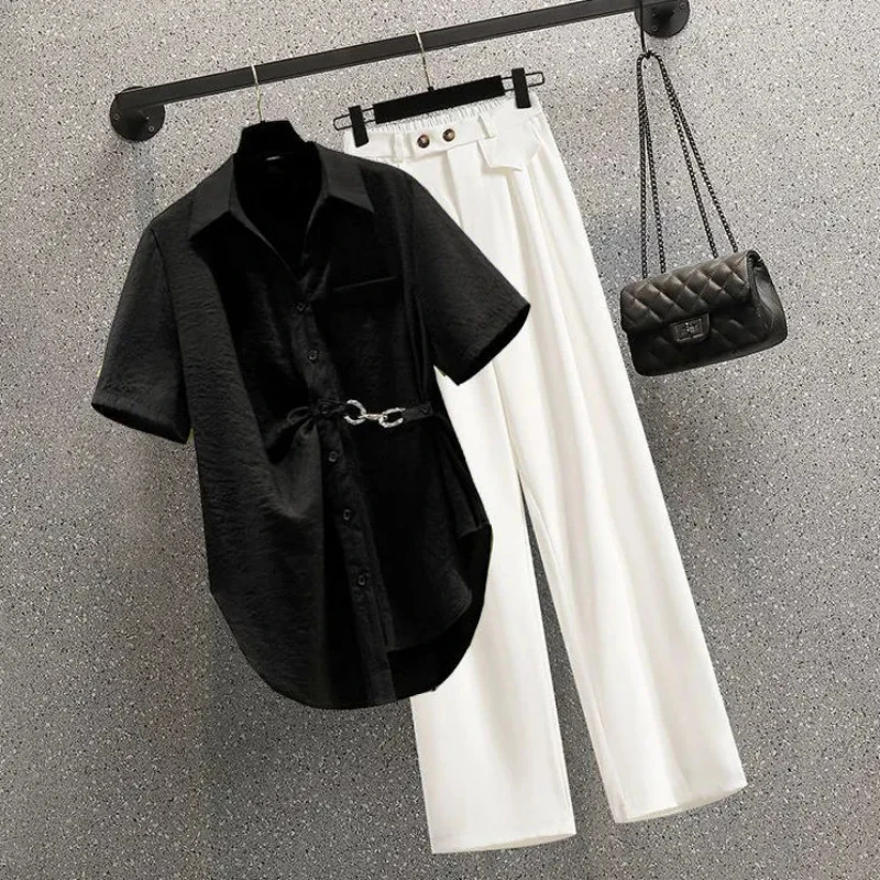 Conjunto de dos piezas formado por camisa y pantalones de chifón para mujer, conjunto de dos piezas, holgado, informal, elegante, con cadena